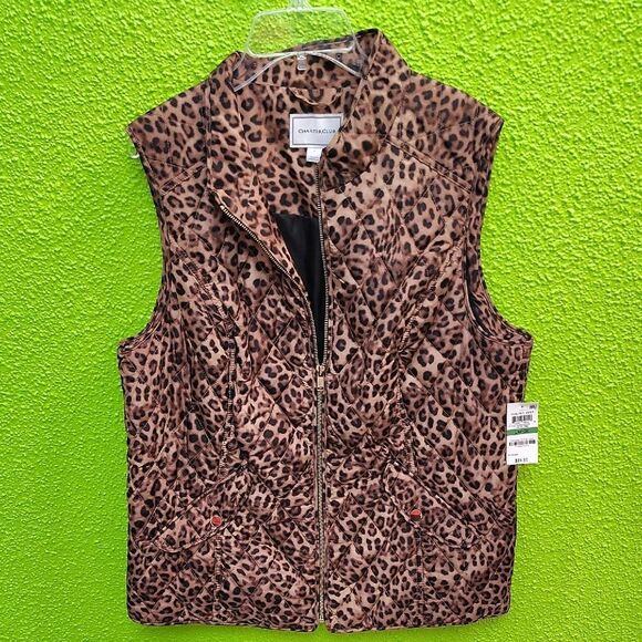 Charter Club Brown Leopard Print Quilted Vest - Picture 1 of 4